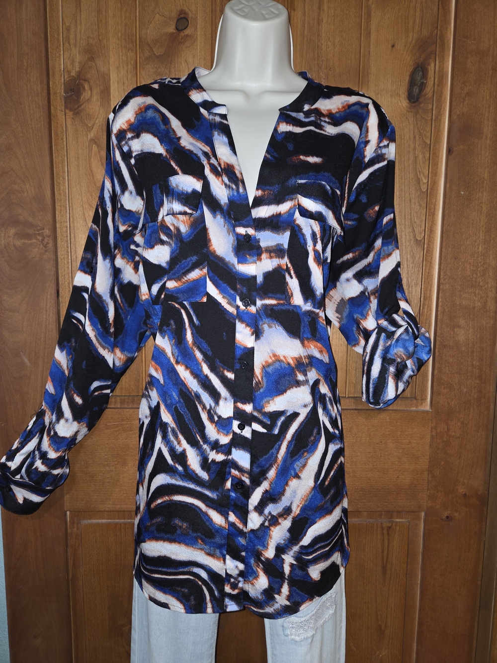 Calvin Klein Black Blue White Abstract Print‎ Button-Up Blouse